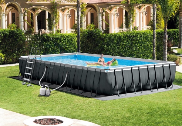 Intex 32ft x 16ft x 52'' Rectangular Ultra XTR Metal Frame Pool with Sand Filter Pump, Saltwater System, Ladder, Ground Cloth and Cover #26378